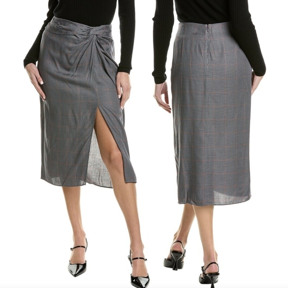 rag & bone Midi Skirt Amber Plaid Gathered Twist Waist Slit Grey Multi 10 NWT